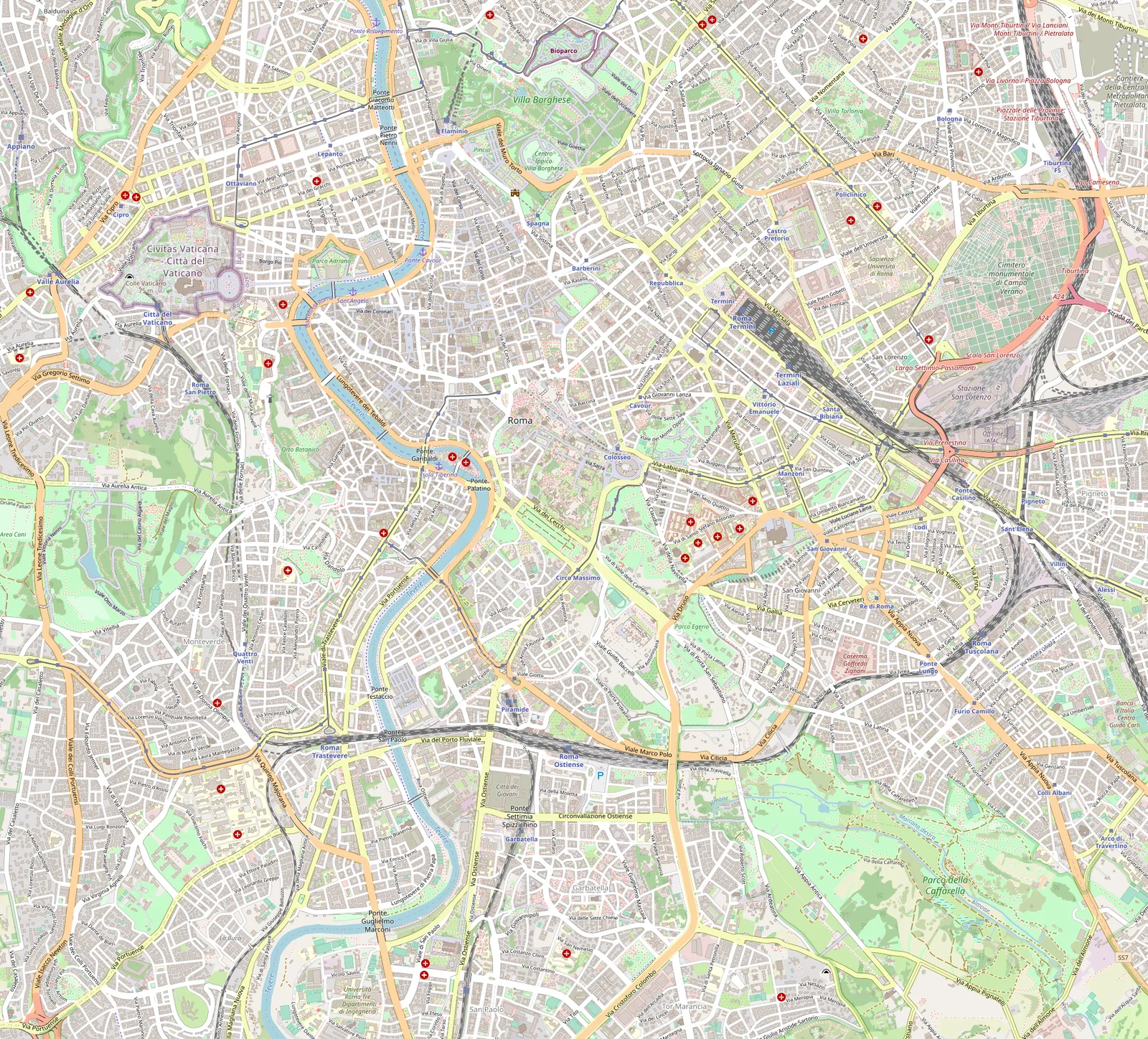 Modern OpenStreetMap-derived street map of central Rome
