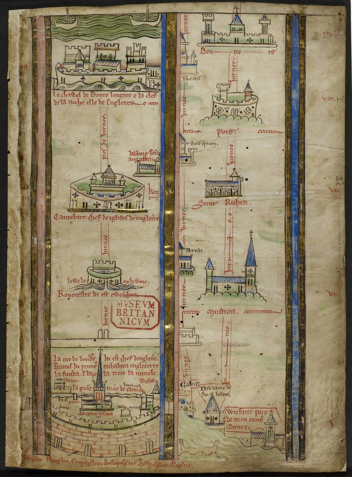 Matthew Paris itinerary from London toward Jerusalem arranged as a vertical sequence